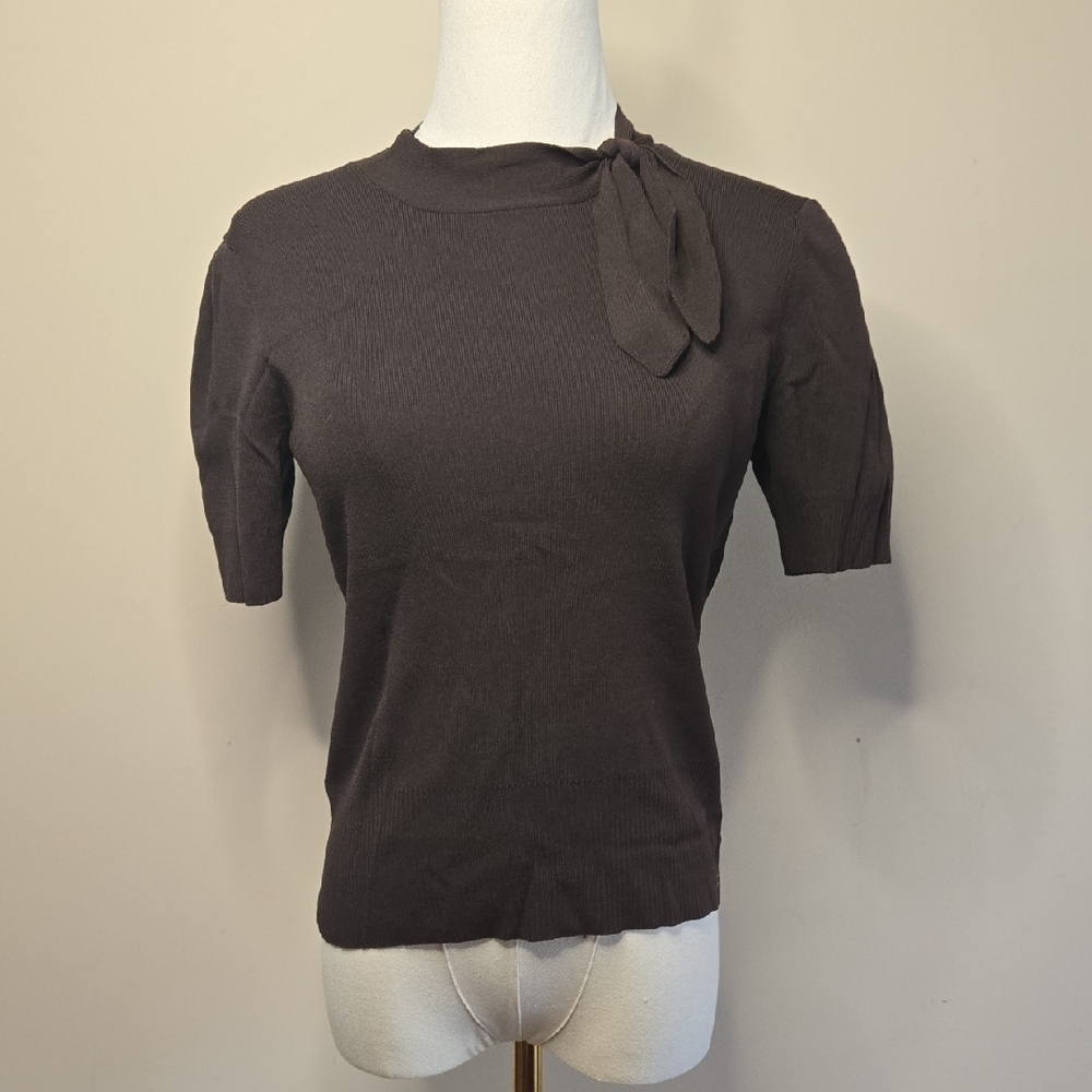 LOFT Chocolate Brown Knit Bow Tie-Neck Top – Soft Rayon Blend SP Feminine - Picture 2 of 8